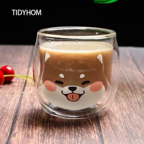 250ml Japanese Cartoon Cute Pet Shiba Inu Cartoon Cup Double Glass Water Cup Home Juice Breakfast Milk Cup Friend Birthday Gift