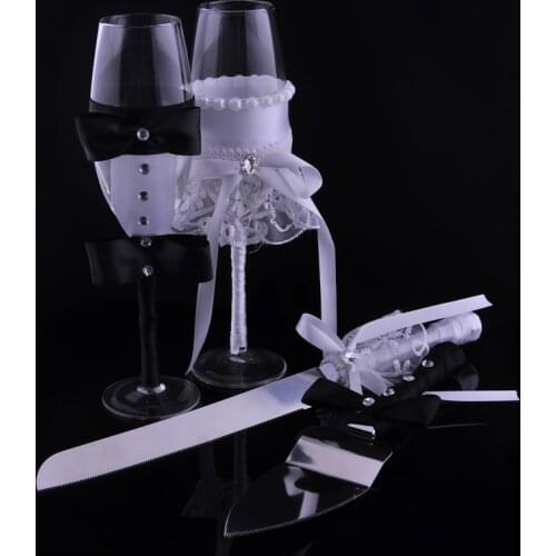 4pcs Elegant Wedding Cake Knife Serving Set Ribbon Bow Handle Diamond Decorated Champagne Flutes Cake Cutter Shovel Parties Gift