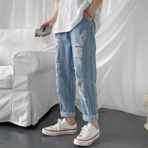 Men Jeans Plus Size 5XL Straight Loose Hole Ankle Length Elastic Waist Solid All-match Trendy Males Leisure Baggy Vintage