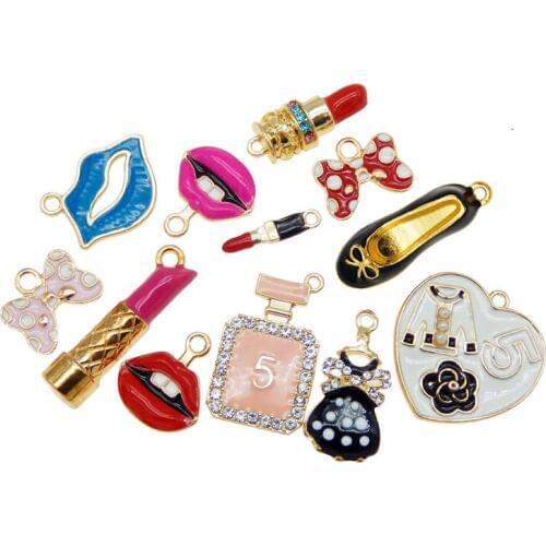 Julie Wang 12PCS Enamel Lipstick Lip Bow-knot Charm Alloy Mixed Girl Supplies Necklace Pendant Bracelet Accessory Jewelry Making