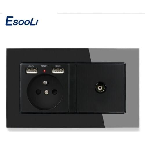 ESOOLI Luxury glass panel 2 Gang Wall Power 16A French Standard Electrical+USB Charge Port With Female TV Jack Double Outlet