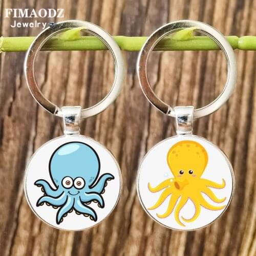 FIMAODZ Love Octopus Keychain Cartoon Starfish Turtle Whale Sea Animal Glass Round Metal Key Chains Rings for Men Women