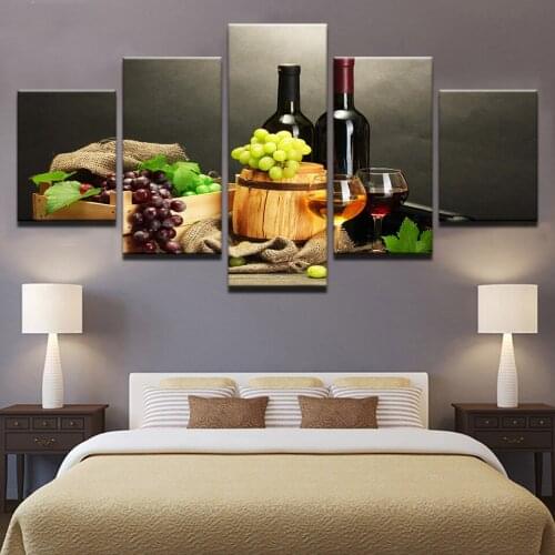 HD Canvas Art Print Painting For Living Room Wall Decor 5 Pieces Red Wine Grape Winebottle Picture
