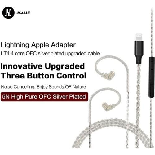 JCALLY LT4 Lightning Silver Upgrade Cable 4 strands 5N oxygen-free copper OFC wire with microphone for iphone iOS KZ EDX ZSN PRO