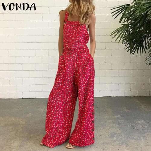 VONDA Rompers Summer Women Jumpsuits 2021 Sleeveless Wide Leg Pants Long Holiday Cotton Overalls Party Work Playsuits Oversized