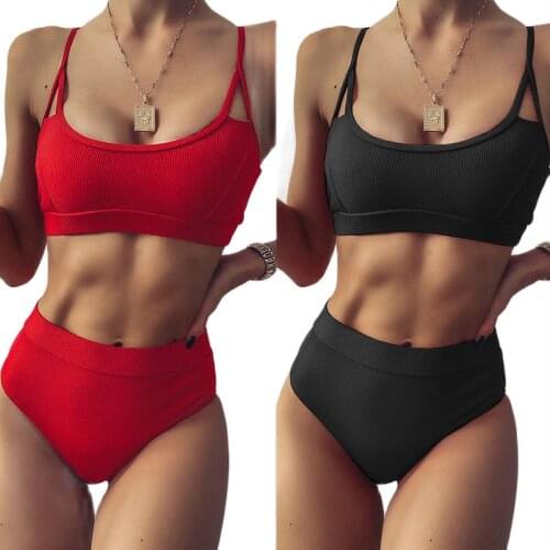 New Women Solid High Waist Bikini Set Split Swimsuit Red Black