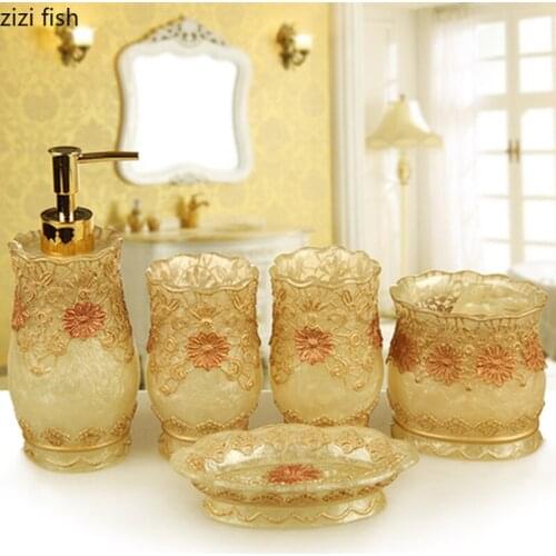 Five-piece Bathroom Lotion Bottle Mouthwash Cup Toothbrush Holder Soap Dish Toilet Brush Trash Can Home Use Bathroom Supplies