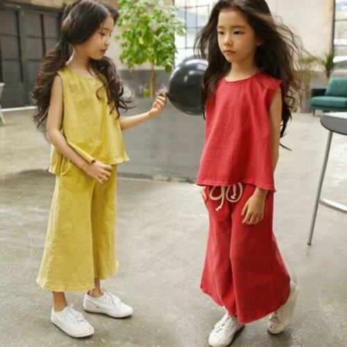 2-16Y Summer Girls Clothes Set Kids Girls Sleeveless Vest Top Wide Leg Pant 2 Pcs Casual Teenage Girls Clothing RT412