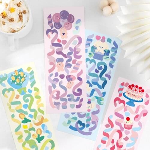 Korean Cartoon Bear Ribbon Kawaii Stickers DIY Scrapbook Idol Card Album Happy Plan Deco Stationery Sticker