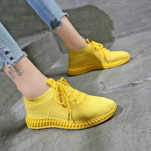 Fashion Women Yellow Sneakers Mesh Knitting Flats Summer Women Shoes White Lace Up Breathable Pink Womens Vulcanized Shoes 2021
