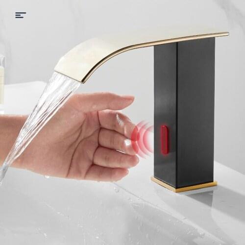 MTTUZK Black Gold Brass Deck Mounted Automatic Sensor Faucet Bathroom Wash Basin Touchless infrared Faucet Waterfall Sensor Tap