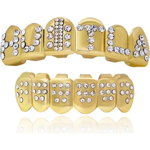 LuReen Punk Men Letters Crystal Gold Color Grillz Dental Mouth Bling Grill Teeth Caps For Women Party Rapper Tooth Jewelry