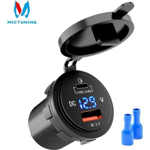 USB-C Car Charger Quick Charge 3.0 Type C with LED Digital Voltmeter Universal Power Outlet for 12/24V Boat Car Truck Motorcycle