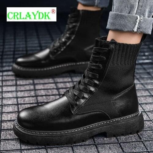 CRLAYDK Mens Winter Cool Leather Boots Flats Outdoor Motorcycle Casual Shoes Keep Warm Lace Up Mid Safety Botas Hommes Bottes