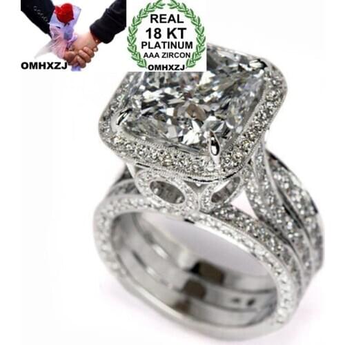 OMHXZJ Wholesale European Fashion Woman Man Party Wedding Gift Square Topaz White AAA Zircon 18KT White Gold Ring RR619