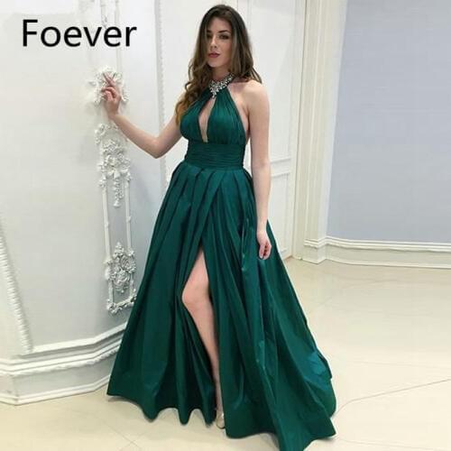 Sexy High Slit Dark Green Long Evening Dresses 2019 Crystal Halter Backless Prom Gowns Vestido De Festa Longo