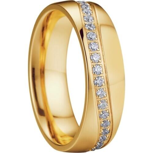 Gold Color Stainless Steel Wedding Rings with Cubic Zirconium Luxury Jewelry for Women Wholesale Girl Friend Gift