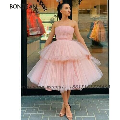 Tulle Pink- Evening Dress Short 2021 A Line Strapless Lace Up Knee Length Formal Evening Gown for Women