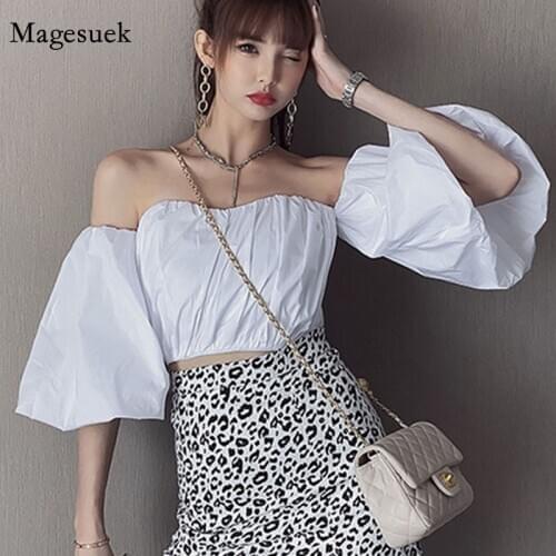 Off Shoulder Expose Clavicle White Black Blouse Women Sweet Sexy Slash Neck Wide Puff Sleeve Pullover Tops Shirt Blusas 12412