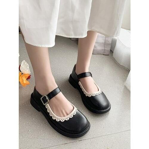 Womens Black Retro Small Leather Shoes Student Asakuchi Buckle Mary Jane Shoes