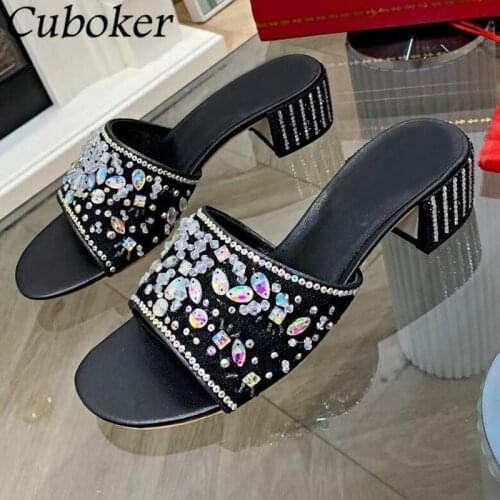 2021 Women Slippers Rhinestone Peep Toe One Word Strap Ladies Mules Summer Brand Designer Crystal Chunky Heel Women Shoes