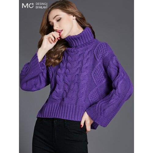 Thick thread turtleneck sweater women short purple 2021 autumn and winter new loose outer wear thicker lazy style sweater