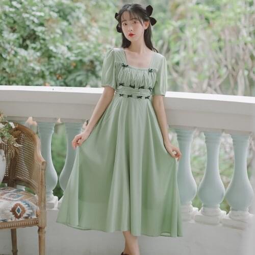 Sweet Fairy Dress Summer French Retro Square Collar Pleated Bow Sweet Cute Gentle Temperament Vestidos Women