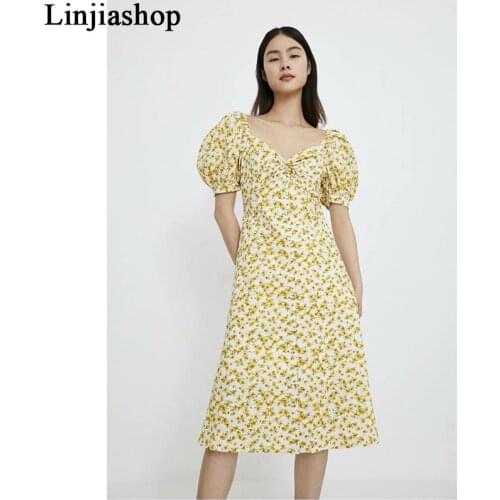 Vintage floral print yellow women midi dress square collar beach dress short sleeves vestido