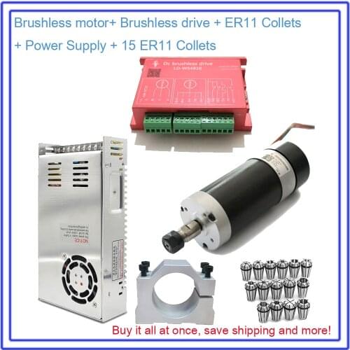 500W Brushless Spindle 60Ncm DC48V ER11 12000rpm Motor Driver Power Supply Clamp 15pcs Collets Kits Match MACH3 for CNC Milling