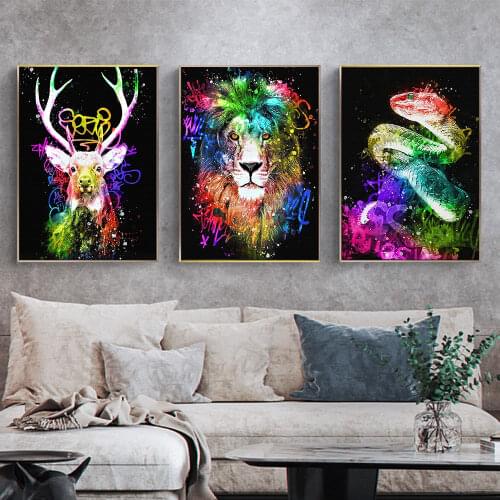 Abstract Colorful Lion Deer Painting Modern Animal Wall Art Picture for Artwork Canvas Poster Printed Graphic for Living Room