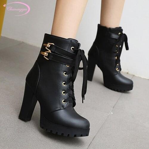 OL style round toe ankle boots fashion lace-up platform zipper black white high heel thick heel riding boots womens shoes
