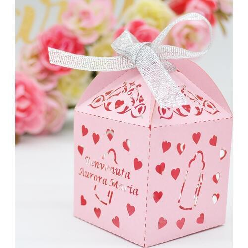 Pink pearl paper customized baby name laser cut baby shower party favor box