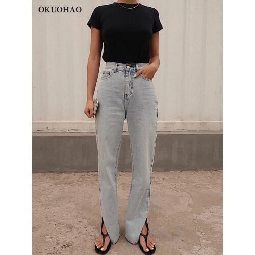 Okuohao High waist jeans 2020 straight leg pants women wide leg jeans loose fashon boyfriend jeans sale items for women
