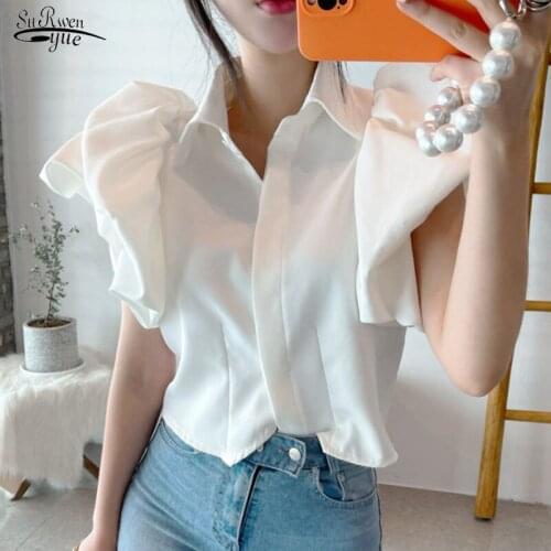 Elegant Pleated Turn-down Collar Blouse Korean Summer Bubble Sleeve White Shirt Women Tops Female Fashion Clothing Blusas 14769