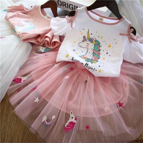 FOCUSNORM 2-7Y Summer Kids Girls Clothes Sets Off Shoulder Pattern Printed T Shirts Tops Lace Tutu Skirts