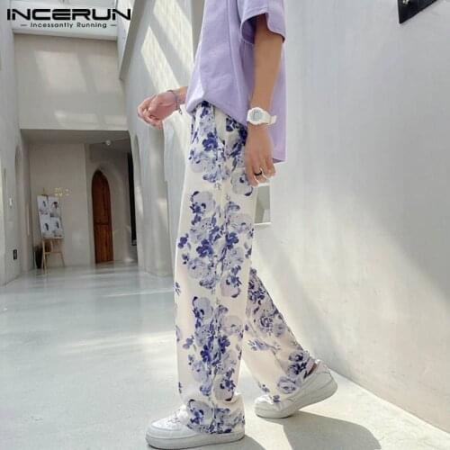 INCERUN 2021 New Men Korean Style Printed Pant Causal Elastic Waist Floral Stylish Loose Trousers Wide Leg Long Pant S-5XL