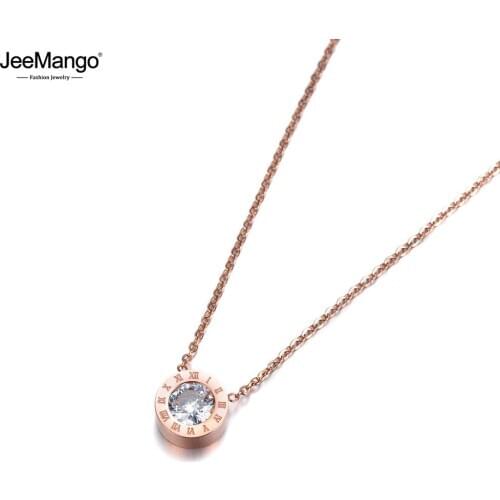 JeeMango Classic Round 2Ct Cubic Zirconia Pendant Necklace Jewelry Titanium Steel Chokers Necklace For Valentines Day JN18004