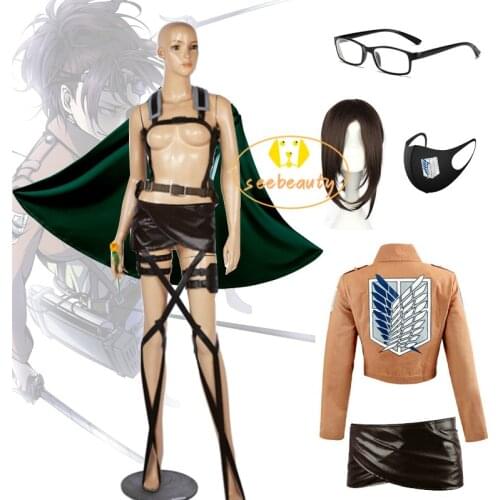 Anime Attack on Titan 7 PCS Hange Zoe Cosplay Costume Set Cloak Wig Jacket Skirt Harness Belt Scouting Legion Hanji Zoe Glasses
