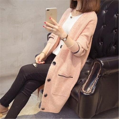 2021 Korean Fashion Sweater Coat New Fall Winter Knitwear Cardigan Womens Middle Long Spring And Autumn Loose Basic Clothes