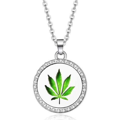 Hemp Leaf Fine Zircon Aroma Diffuser Locket Pendant Stainless Steel Magnetic Necklace Perfume Essential Oil Diffuser Box Jewelry