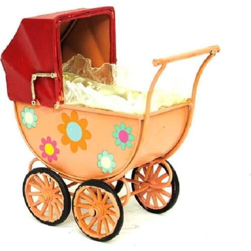 Decorative Metal Red Doll Stroller Floral Trinket Miniature Gift Nostalgic Vintage Handmade Hand Painted Quality Durable Decor