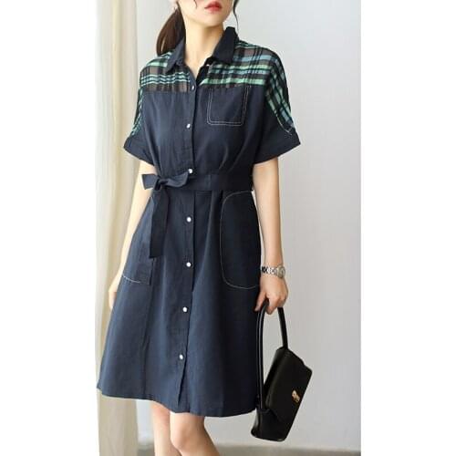 Fashionable cotton and linen lace waist dress women 2021 summer new loose casual short-sleeved shirt skirt