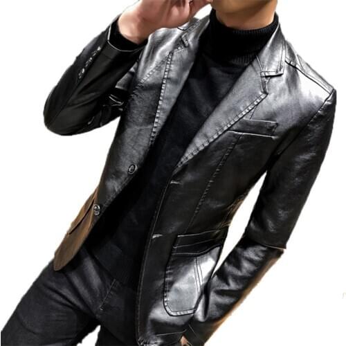 Winter Thicken Mens PU Faux Leather Jacket Fashion Slim Fit New Leather Suit Men Business Casual Leather Jacket Black Coats