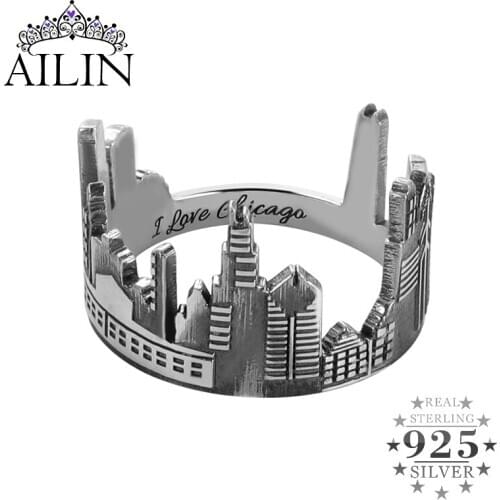 AILIN Personalized Silver 925 Ring Men Womens Custom City Cityscape Engraved Rings Skyline Customized Fine Jewelry Father Gifts