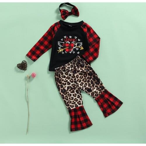 New Arrival Girls Fashion Clothes Set 3pcs Suit Plaid Leopard Tops+Flare Pants+Headband Kids Sets Girls Clothes 0-5Y
