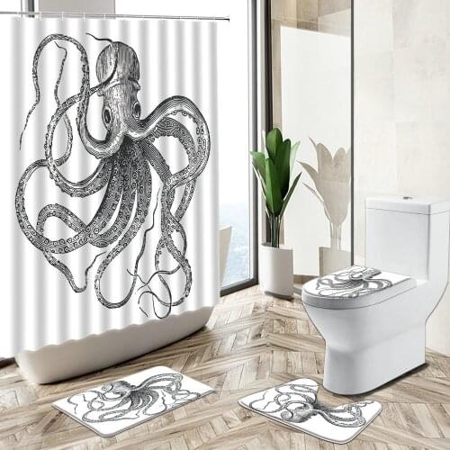 Octopus Shower Curtain Marine Animal Fun Creative Design Bathroom Decor Non-Slip Carpet Toilet Cover Bath Floor Mat Set Washable