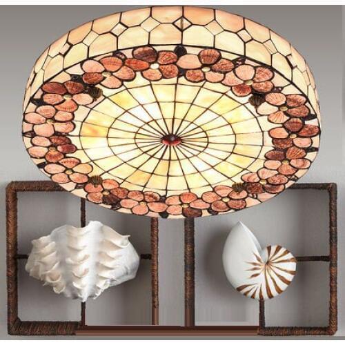 Mediterranean Rural E27 30/40/50cm Round Shell HandmadeTiffany Ceiling Lamps For Living Room Light Fixture
