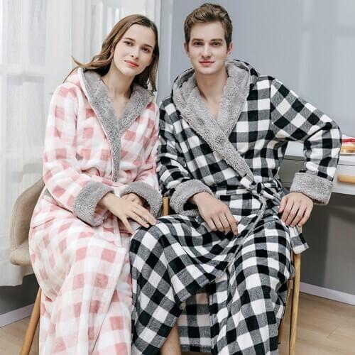 Super Long Plus Size Thick Flannel Bathrobe Men Women Winter Warm Kimono Bath Robe Male Hooded Plaid Robes Fleece Dressing Gown