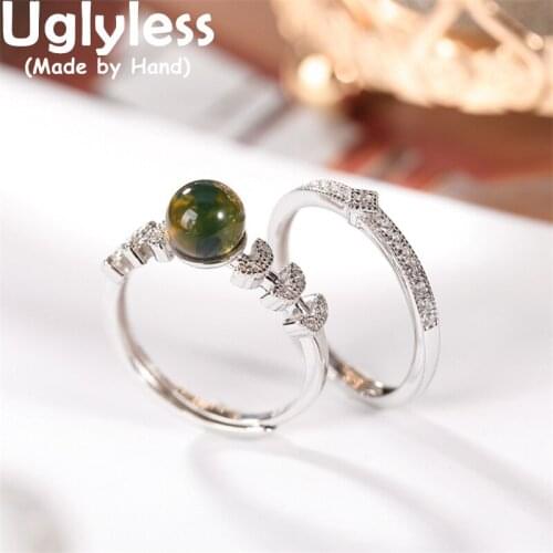 Uglyless 1 Set 2pcs Zircons Crystals Rings for Women Natural Blue Amber Rings Glossy 925 Sterling Silver Jewelry Gemstone Bijoux