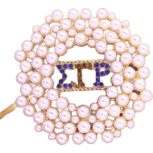 High Quality Metal Alloy White Crystal Flower Greek Sorro Letters SIGMA GAMMA RHO Brooch Club Safety PIN